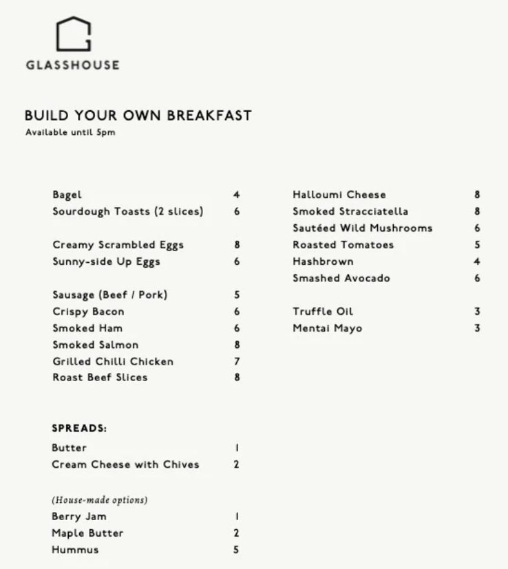 Customised breakfast menu of The Glasshouse
