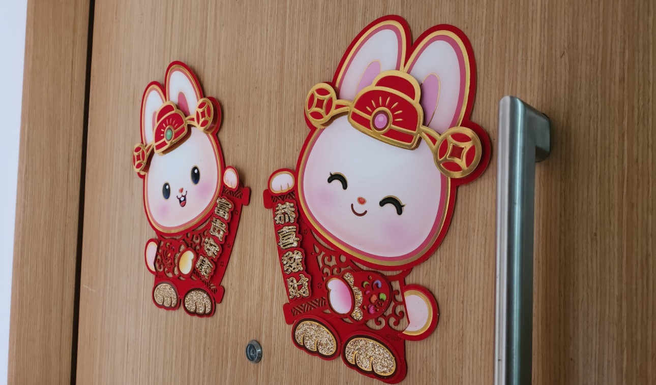 Chinese new year bunny decoration on door